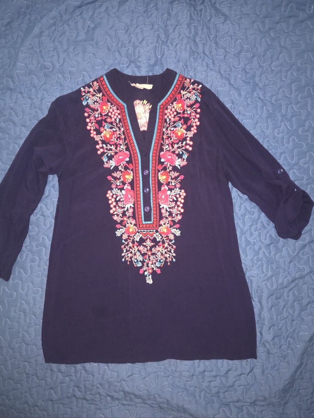 Luna Moon Women’s Embroidered Navy Tunic Top with Floral Detail Size M